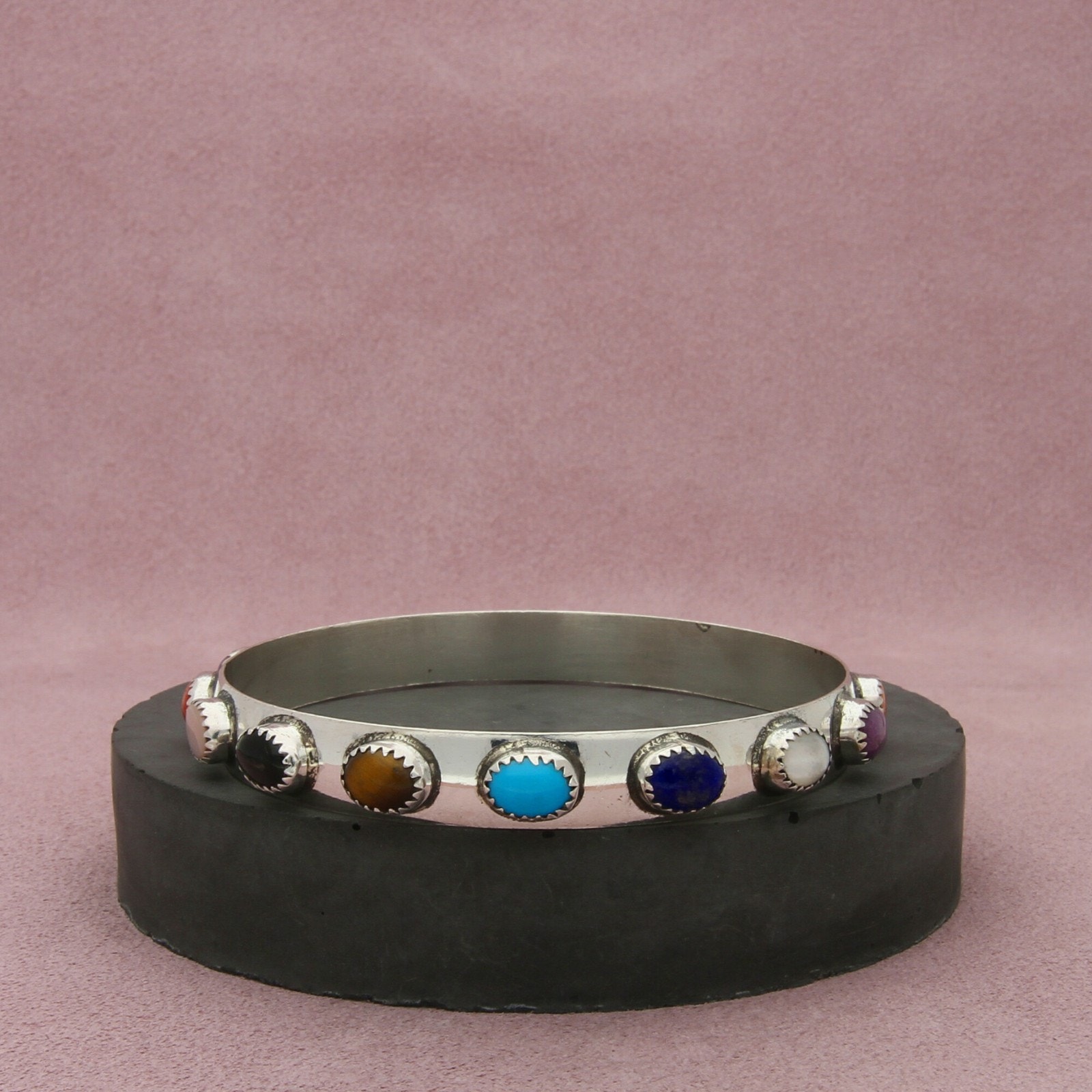 Navajo Sterling Silver Lenora Begay Multi Stone Bangle Bracelet Size 8in